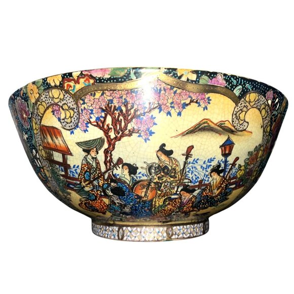 Antique Japanese Meiji Satsuma Geisha's Garden Song Bowl Gold Gilt Signed Cherry - Picture 2 of 8